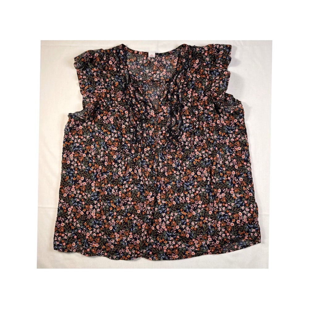 Old Navy Womens L Navy Floral Ruffle Trim Sleeveless V Neck Blouse